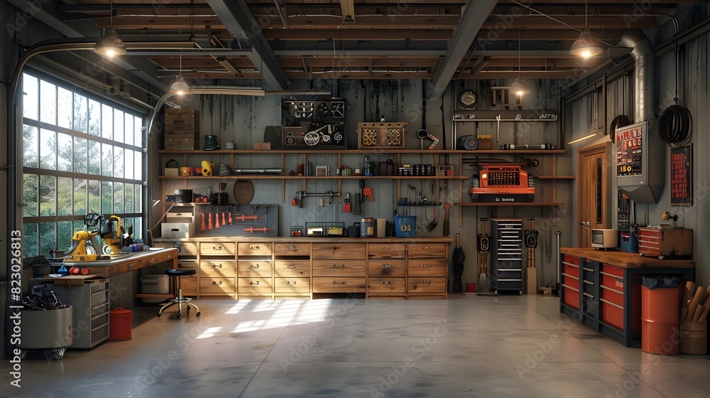 A well-organized, modern garage workshop with an array of tools and storage cabinets. A well-organized, modern garage workshop with an array of tools and storage cabinets.