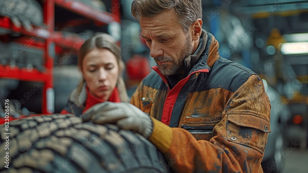 Skilled technician demonstrating an old tire's tread to a female client at a car repair and maintenance shop Skilled technician demonstrating an old tire's tread to a female client at a car repair and maintenance shop