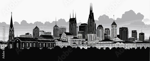 a black and white drawing of a city skyline