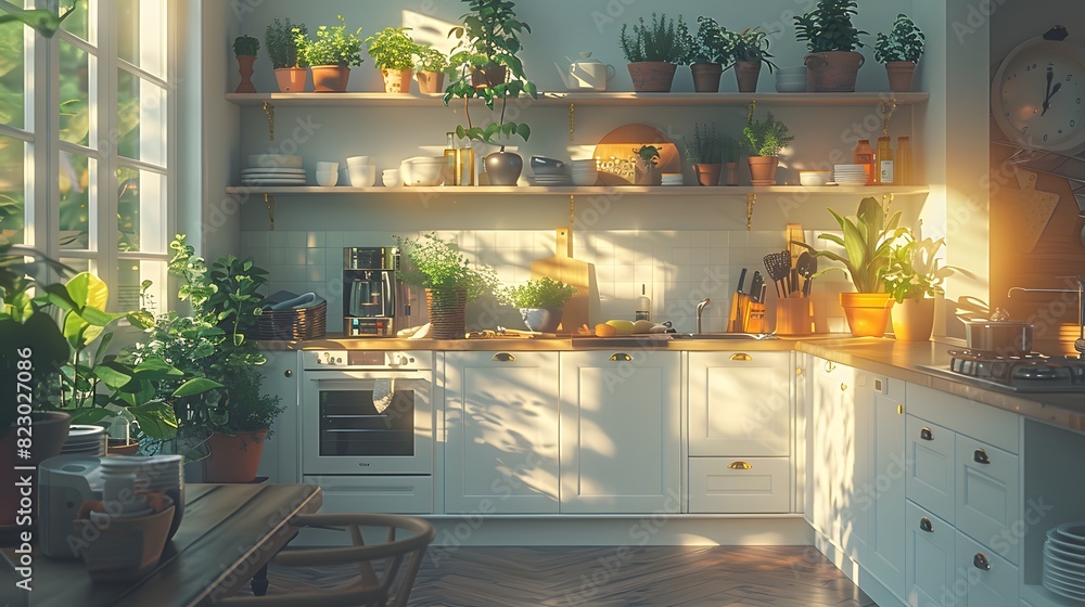 A warm and inviting kitchen interior bathed in natural light, featuring shelves with potted plants and modern appliances, exudes a cozy atmosphere ideal for culinary activities. A warm and inviting kitchen interior bathed in natural light, featuring shelves with potted plants and modern appliances, exudes a cozy atmosphere ideal for culinary activities.