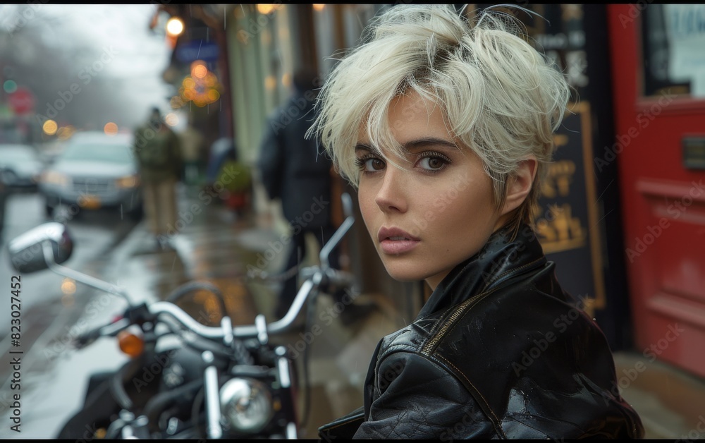 A blonde woman with short hair standing next to a motorcycle on the street A blonde woman with short hair standing next to a motorcycle on the street