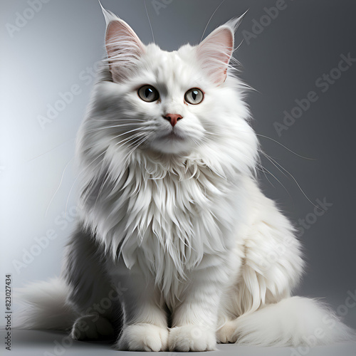 Portrait of a beautiful long haired white cat on gray background photo