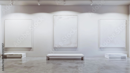A contemporary art gallery with three massive plain white frames, each hosting a subtle, textured white canvas.
