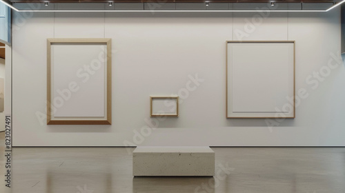 A contemporary art gallery wall with two large and one small plain white frames arranged asymmetrically.