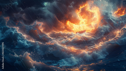 Amid a stormy sea symbolizing AI competition, a boat navigates turbulent waters toward a distant light, embodying the struggle and hope in the AI talent race.generative ai photo