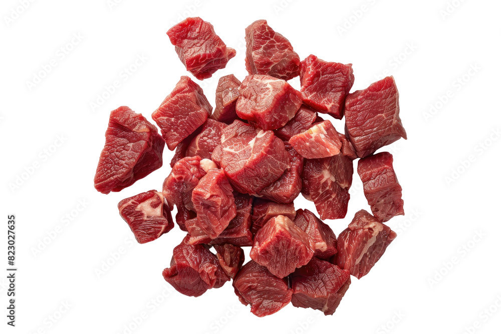 Pieces of raw beef cubes Isolated on white background Pieces of raw beef cubes Isolated on white background