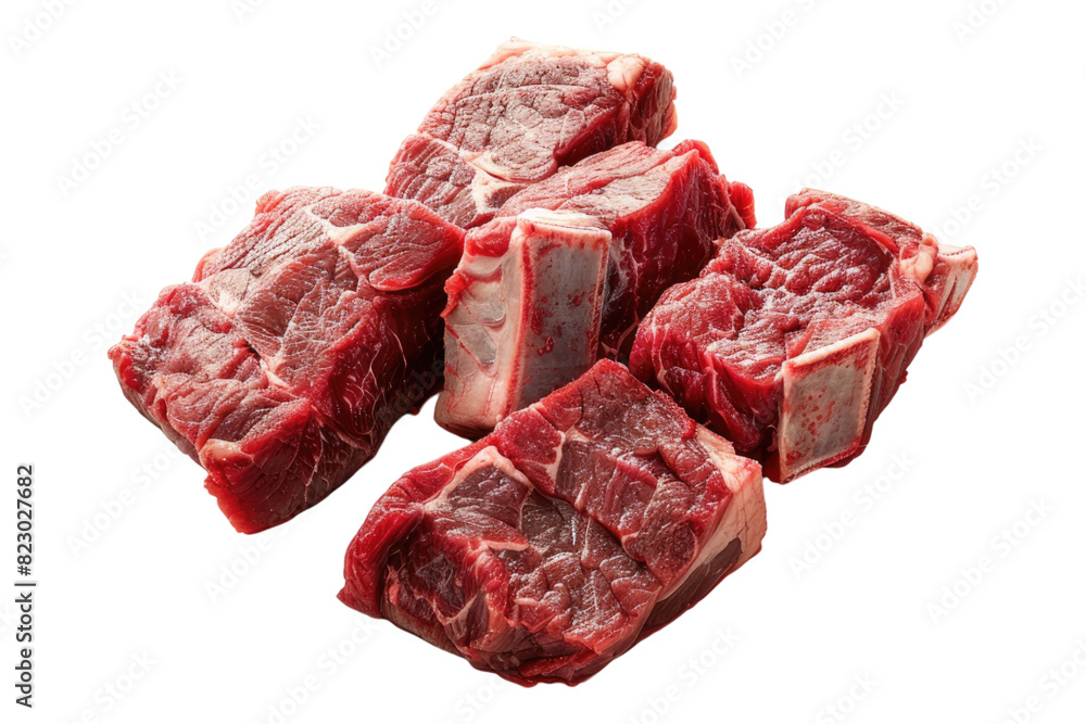 Pieces of raw beef cubes Isolated on white background Pieces of raw beef cubes Isolated on white background