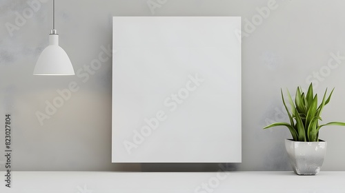 A minimalist interior with a blank canvas on the wall next to a potted plant under a hanging light fixture. 