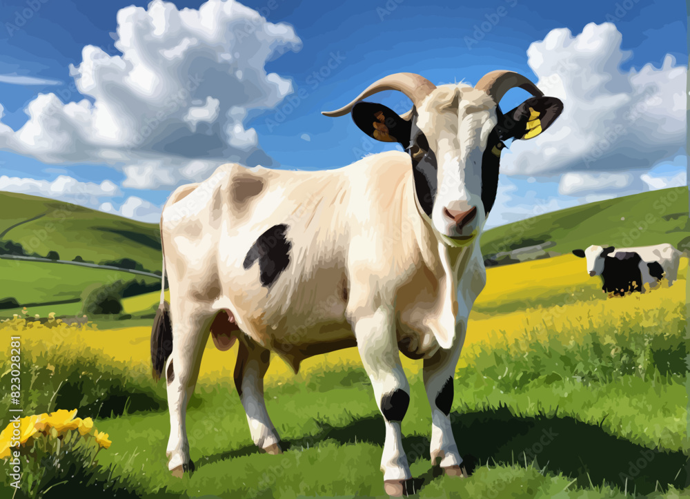 a white and black cow standing in a grassy field
