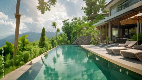 Wallpaper Mural A large swimming pool surrounded by a lush green forest in a contemporary setting, A contemporary villa with minimalist design and infinity pool Torontodigital.ca