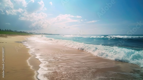Bright sandy beach, turquoise waves, high definition, wide angle image.