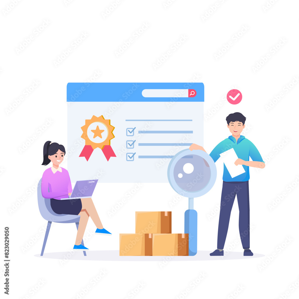 Vector quality control concept. Business people confirm and certify a quality product in accordance with ISO 9001. Vector quality control concept. Business people confirm and certify a quality product in accordance with ISO 9001.