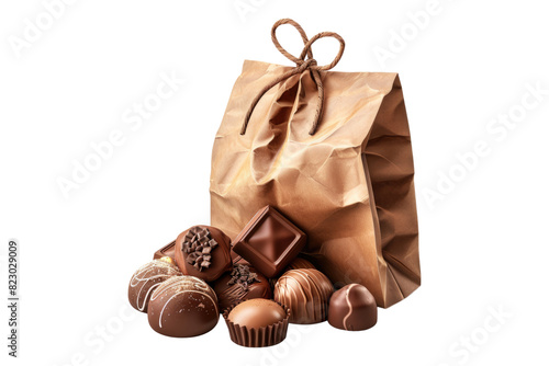 Sweets and chocolates in gift bag Isolated on white background