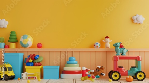 Colorful toys on yellow background. photo