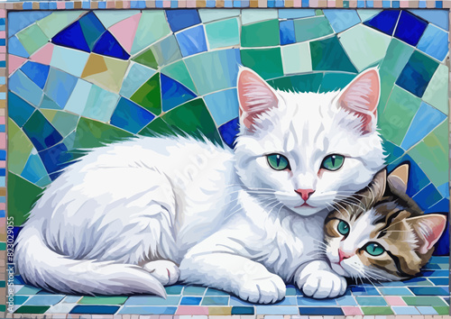 a painting of two cats laying next to each other