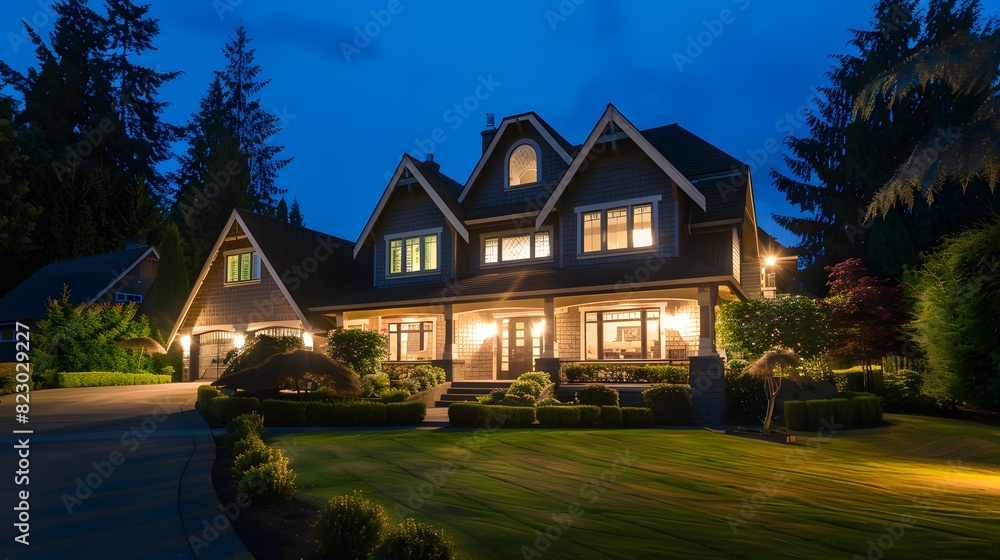 Twilight image of a luxurious suburban home with exterior lights on, highlighting its architecture and landscaped garden. 