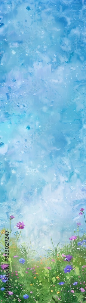 The background is a blue sky and white clouds. Below is a sheet of grass, in the grass, watercolor