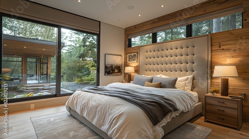 Modern bedroom interior with large windows overlooking a forest, featuring a plush king-sized bed and wooden accents for a cozy yet luxurious atmosphere. 
