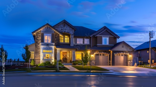 Twilight embraces a modern suburban home with illuminated windows and a serene ambiance. 