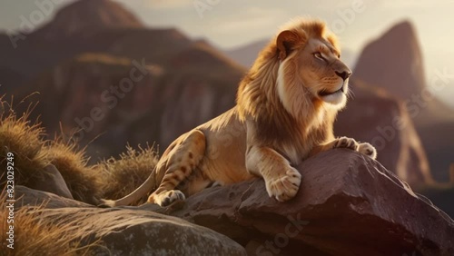 Lion king perched on mountain rocks. Seamless 4K looping virtual video animation background photo