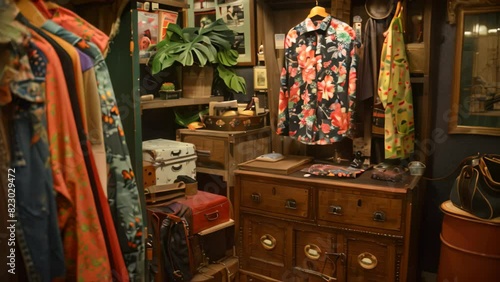 A room filled with a variety of vintage and thrifted clothing items, showcasing a mix of styles and eras, A corner dedicated to vintage clothing and thrifty finds photo