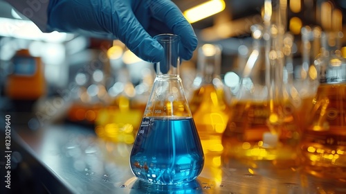Blue Liquid in Erlenmeyer Flask on Table photo