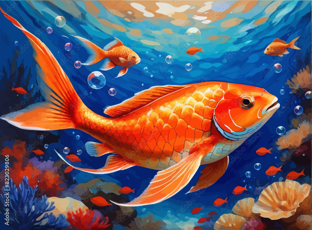 a painting of a goldfish in a blue ocean a painting of a goldfish in a blue ocean