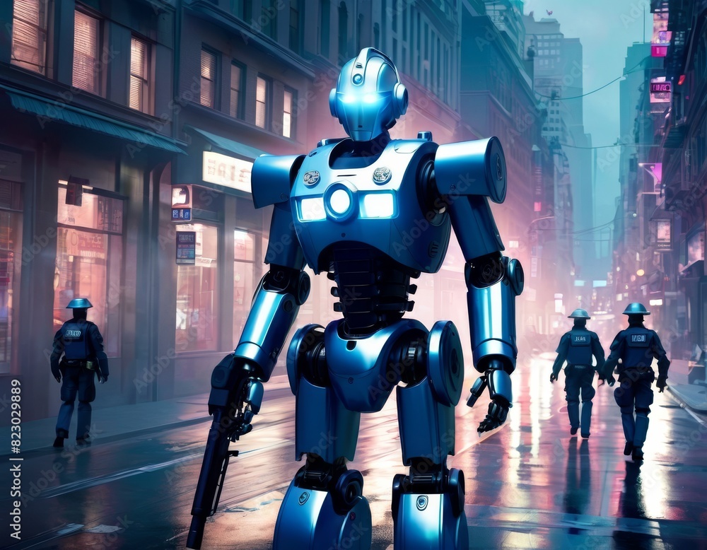 An imposing robot patrols a deserted, misty urban street with police officers visible in the background.. AI Generation An imposing robot patrols a deserted, misty urban street with police officers visible in the background.. AI Generation
