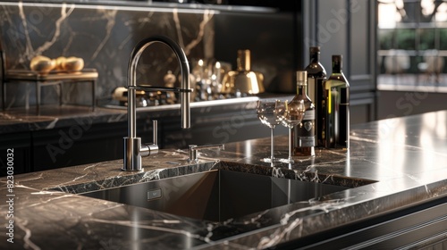 Elegant bar sink in a luxury kitchen setting  close-up showing high-end materials and design  perfect for islands or wet bars  emphasizing sophistication