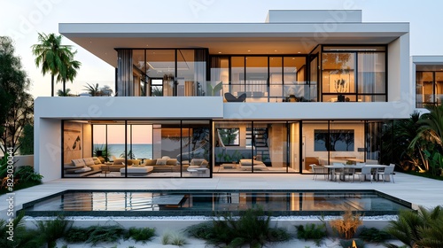 Luxurious modern beach house with pool at sunset time, reflecting a lifestyle of comfort and elegance  © Athena