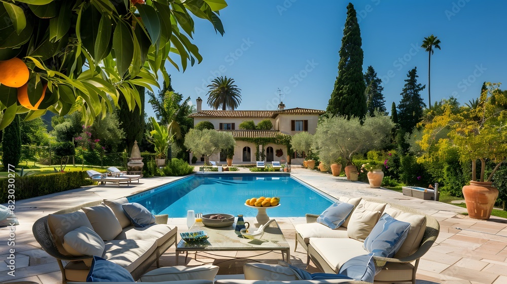 Luxurious villa with an elegant outdoor swimming pool area surrounded by lush greenery and comfortable lounging furniture under the clear blue sky.