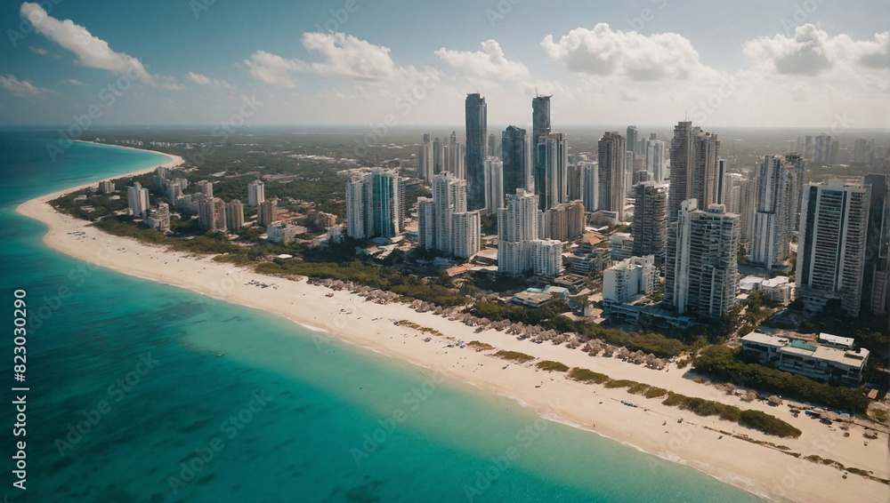 Naklejka premium A beautiful tropical beach in the Maldives with umbrellas, palm trees, and clear blue water, perfect for a summer vacation. Generative Ai