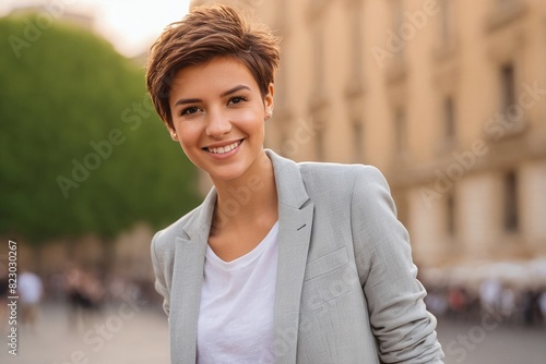 White Beautiful Tomboy Lesbian Woman with Short Body and Shag Haircut Smiling in a Cropped Blazer