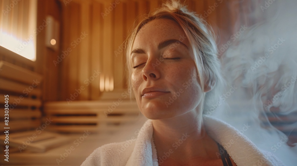 Close up view of a blonde woman relaxes on a sauna bench, subtle steam in the air. The woman wears a white towel and has her eyes closed, highlighting the state of relaxation Close up view of a blonde woman relaxes on a sauna bench, subtle steam in the air. The woman wears a white towel and has her eyes closed, highlighting the state of relaxation