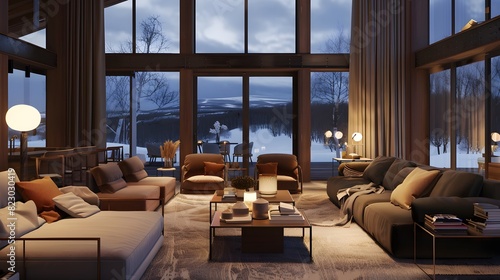 Cozy modern living room interior with warm lighting and large windows overlooking a snowy landscape at dusk. 