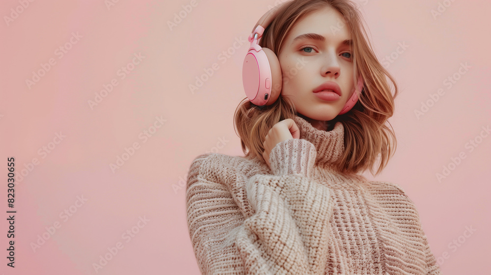 A girl wearing pink headphones and a beige knitted sweater. pastel pink background with copy space. podcast concept A girl wearing pink headphones and a beige knitted sweater. pastel pink background with copy space. podcast concept