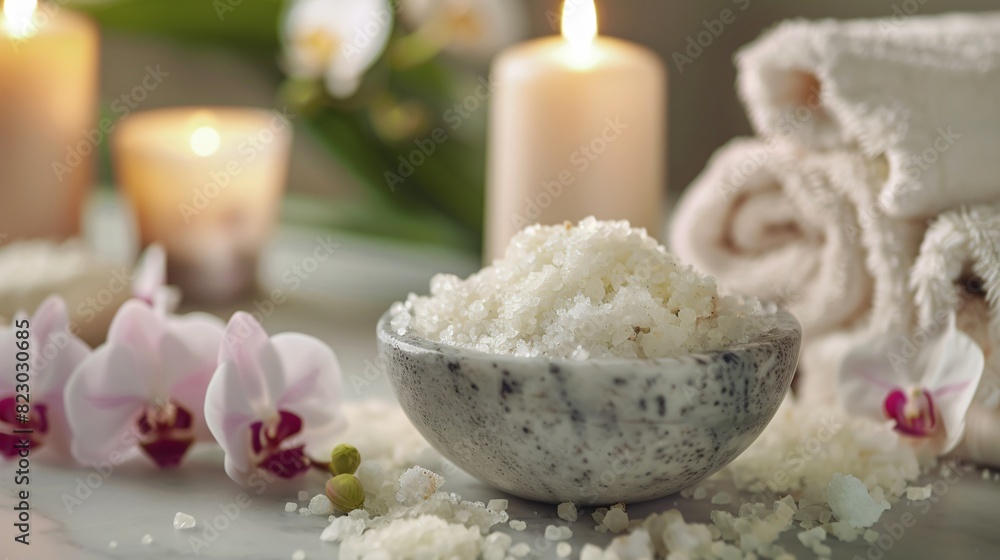 Close-up view of a sea salt scrub in a marble bowl on a table next to scented candles and orchid flowers in a spa room. Close-up view of a sea salt scrub in a marble bowl on a table next to scented candles and orchid flowers in a spa room.
