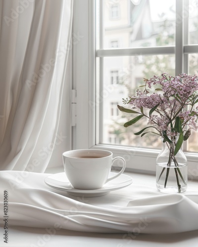Editorial Photo of Morning Breakfast at Dinner Table with Cup of Milk and White Window, in Pure White Ambience 