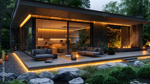 Modern luxury house with outdoor lighting at twilight, featuring elegant interior and lush garden view. photo