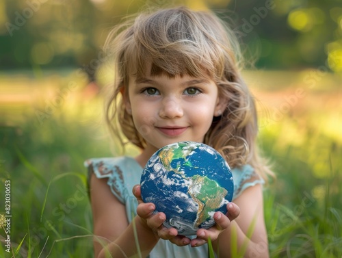 The little girl holds the Earth in her hand