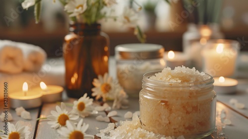 Close-up view of a sea salt scrub in a jar on a table next to scented candles and flowers in a spa room