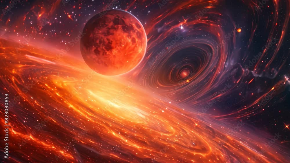 Two Planets in Space, A cosmic-inspired artwork showcasing a red moon eclipsed by a massive ring of swirling celestial bodies Two Planets in Space, A cosmic-inspired artwork showcasing a red moon eclipsed by a massive ring of swirling celestial bodies