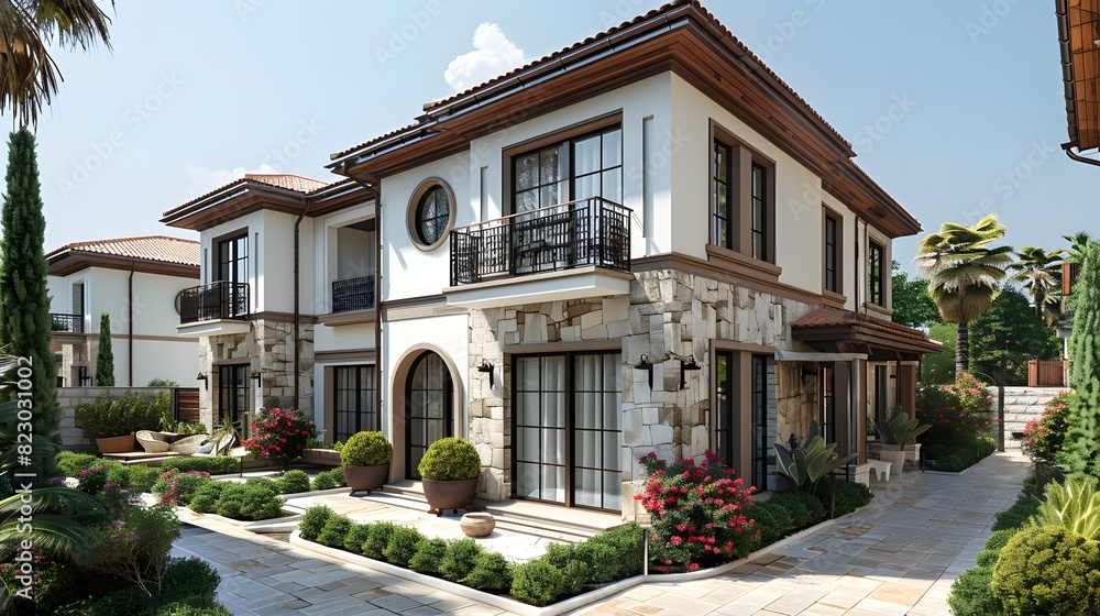 Luxurious two-story house with stone accents surrounded by beautiful landscaping under a clear blue sky.