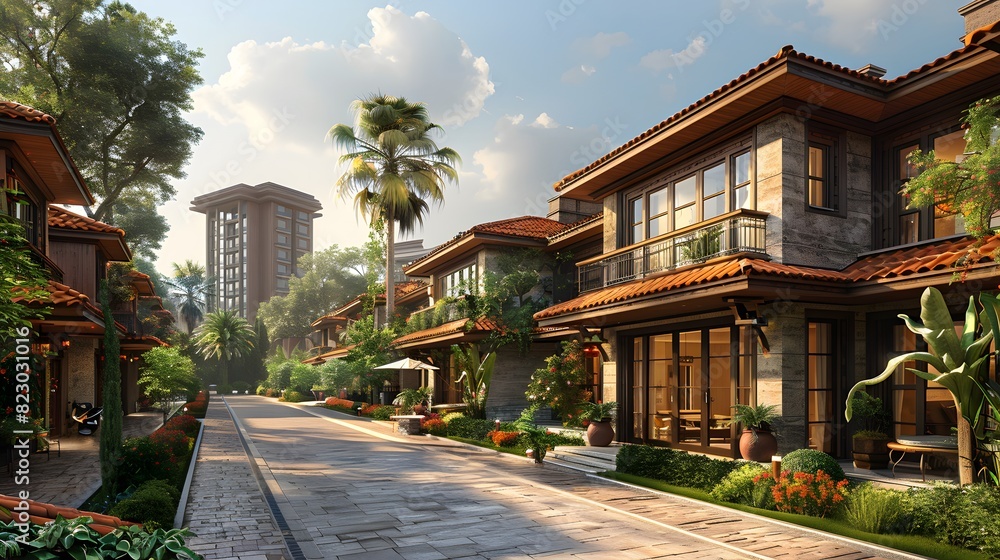 Fototapeta premium A digital rendering of a luxurious residential area with lush landscaping under a warm, sunny sky.