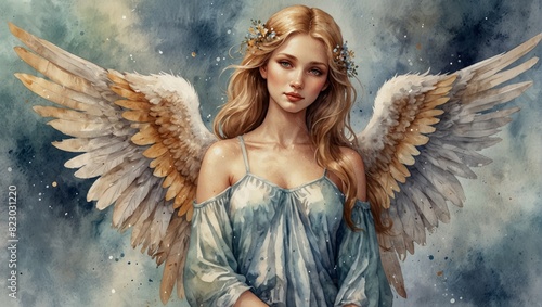 Beautiful angel with wings watercolor illustration. Watercolor illustration photo