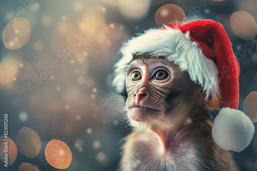 Curious snow monkey in santa hat