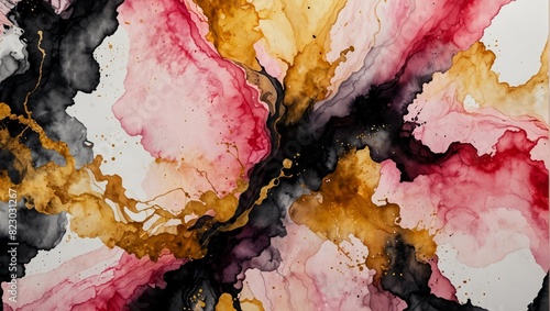 Beautiful overflows of alcohol ink on white synthetic paper. A game of pink, black and gold colors. Decoration for the interior. Watercolor illustration photo