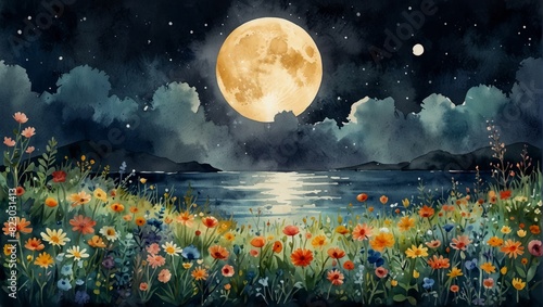 Beautiful scene illustration of the sea of ??<??<flowers under the moonlight. Watercolor illustration photo