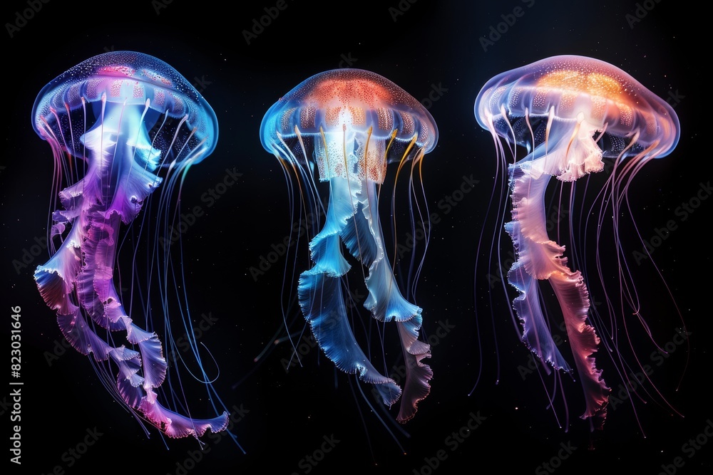 Vibrant Jellyfish Floating in the Dark Vibrant Jellyfish Floating in the Dark