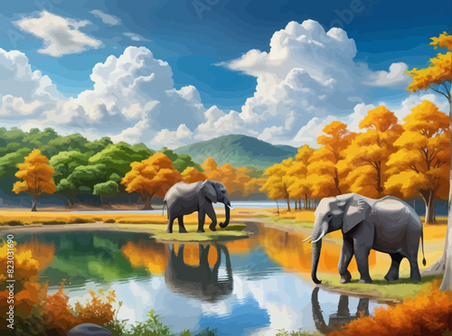 a painting of two elephants near a lake